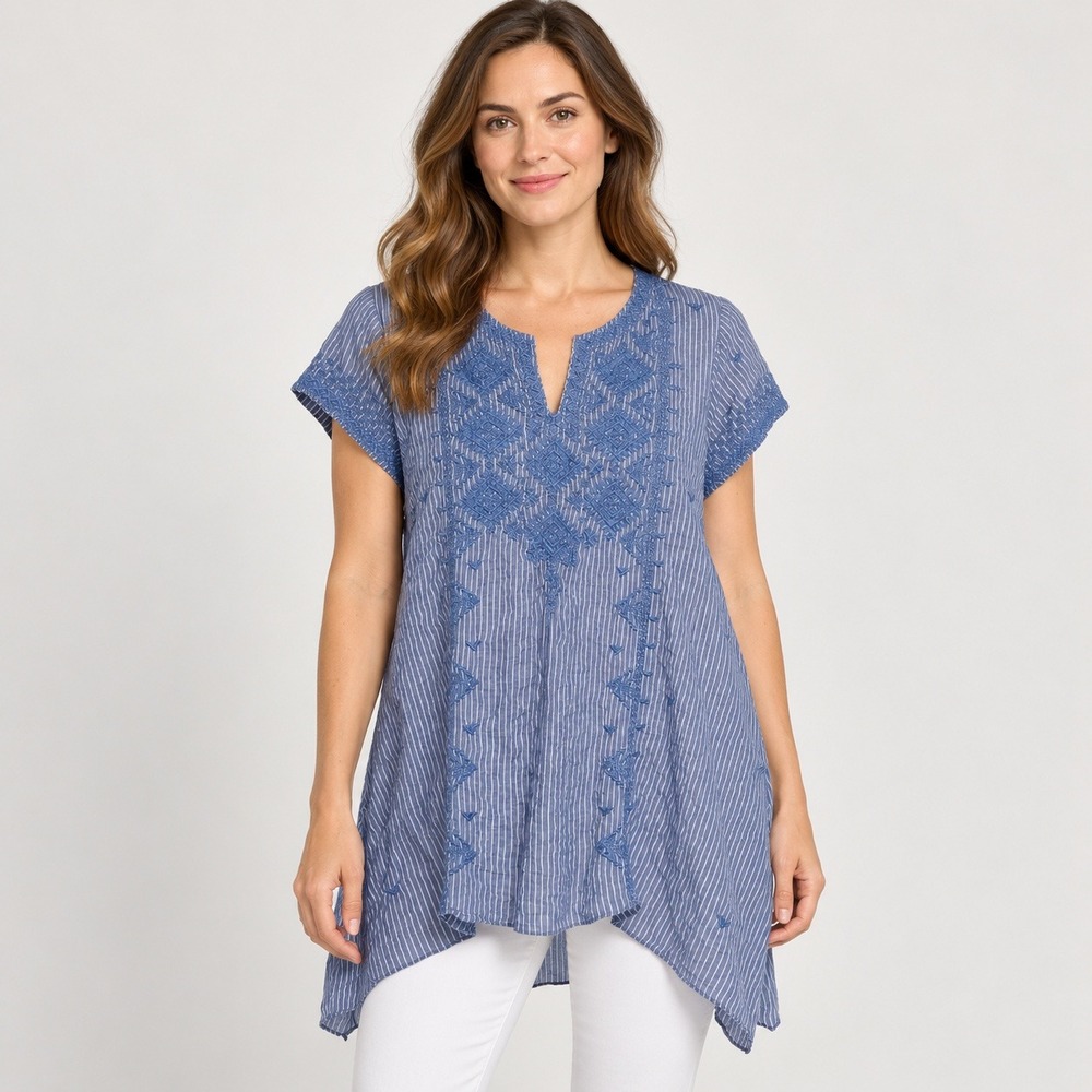 Johnny Was Top Embroidered Striped Cotton Blend Boho Tunic Blue Large